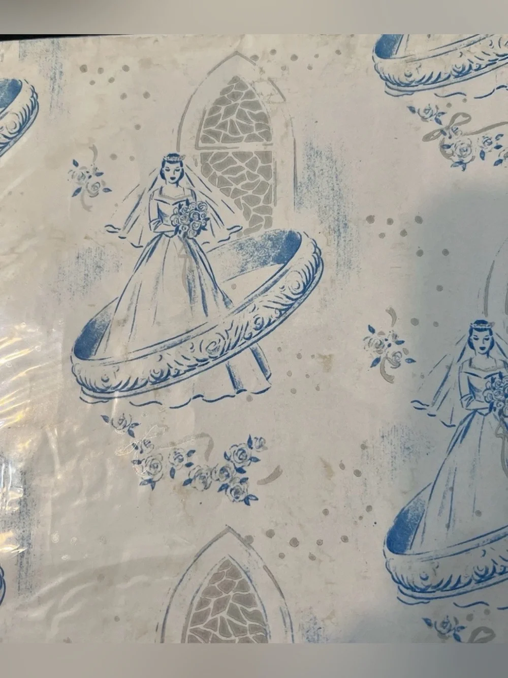 Vtg Blue White Bridal Shower Gift Wrap 1950s Wedding Paper Sealed  Romantic